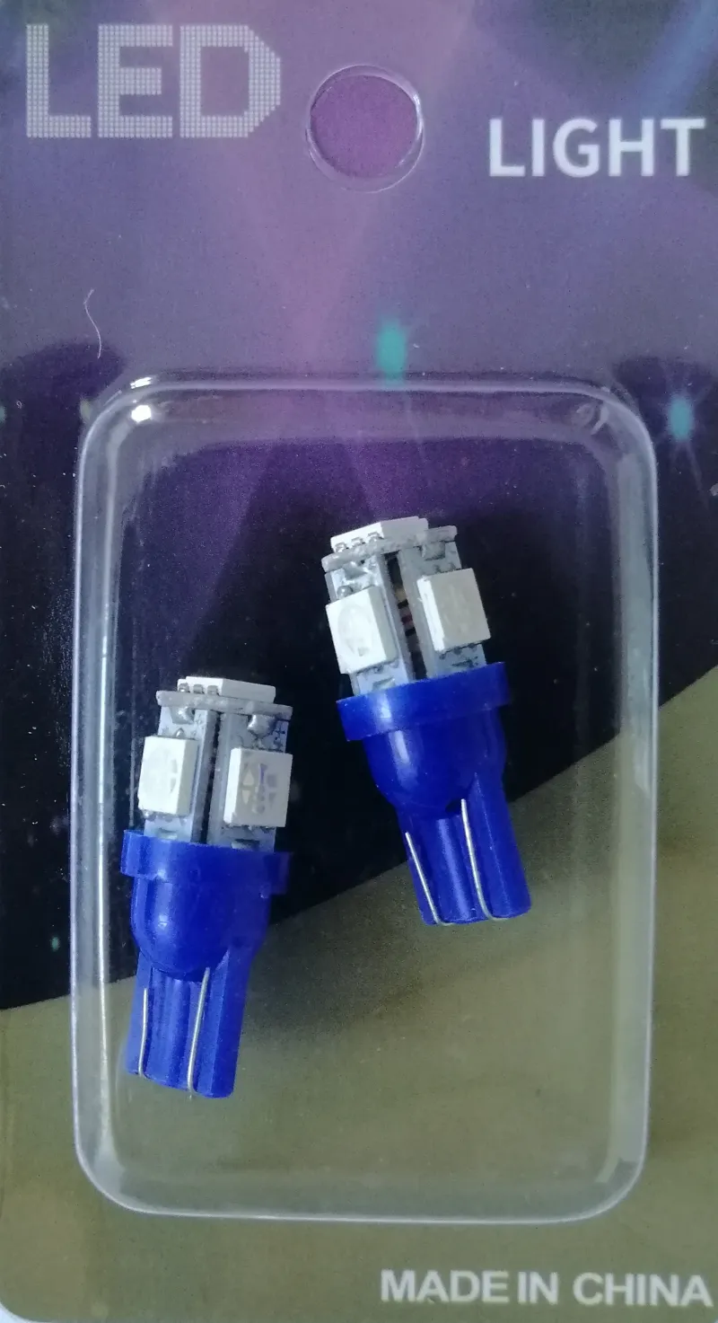 Комплект от 2 броя LED Лед Диодни Крушки За Габарит Т10 W5W 5 SMD 12V Синя Светлина в Блистер - 1