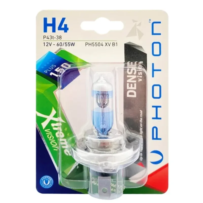1 брой халогенна крушка H4 Х4 +150% 12V 60 / 55W P43T-38 бяла светлина в блистер DENSE VISION PHOTON - 0