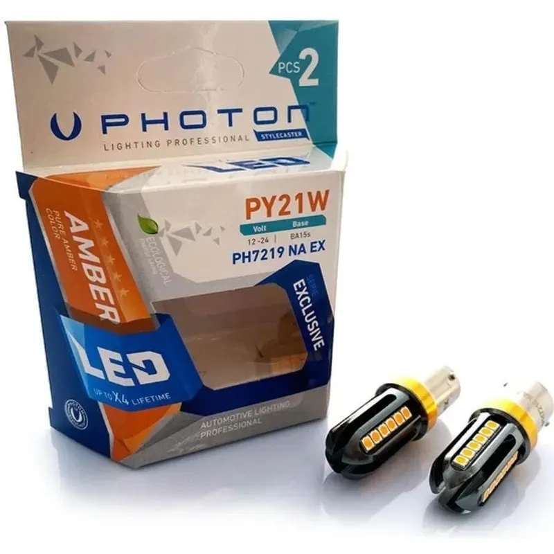 Комплект от 2 броя LED ЛЕД Крушки 24 SMD BA15S (P21W) 12V - 24V жълта / оранжева светлина EXCLUSIVE Photon - 0