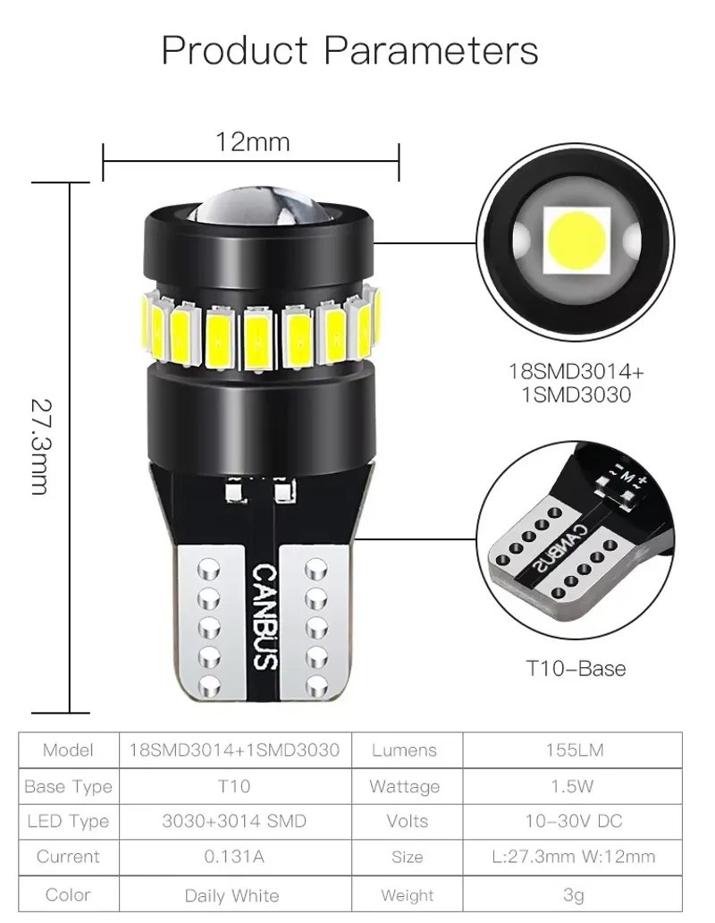 Комплект от 2 броя LED Лед Диодни Крушки За Габарит T10 W5W – 3030 + 3014 SMD, студено бяла светлина 6000K, 12–24V, CANBUS без грешки - 2