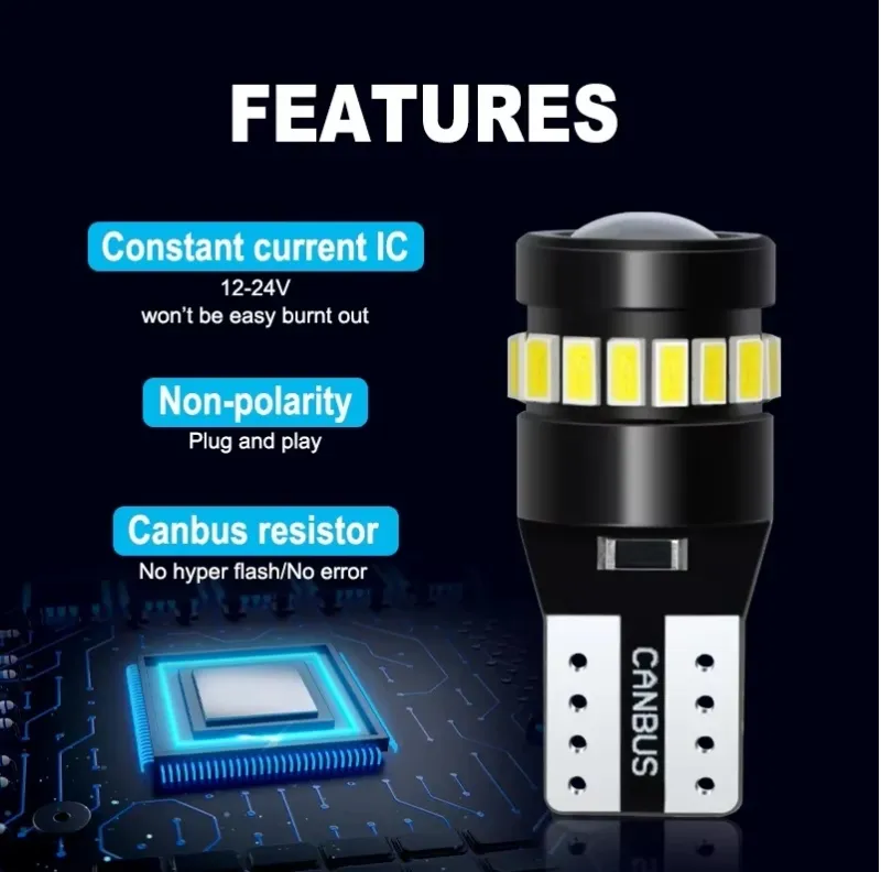 Комплект от 2 броя LED Лед Диодни Крушки За Габарит T10 W5W – 3030 + 3014 SMD, студено бяла светлина 6000K, 12–24V, CANBUS без грешки - 3