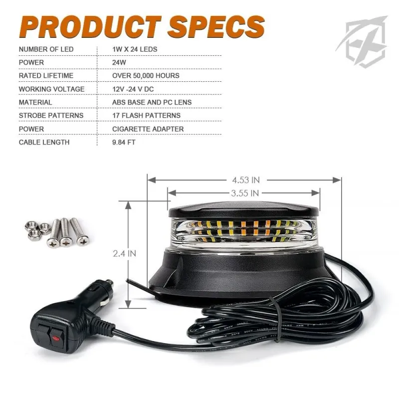 24W Лед Led Компактна Диодна Въртяща се Сигнална Аварийна Лампа Маяк Буркан с магнит и вендуза 12V - 24V с магнит Е9 E-Mark червена светлина - 2