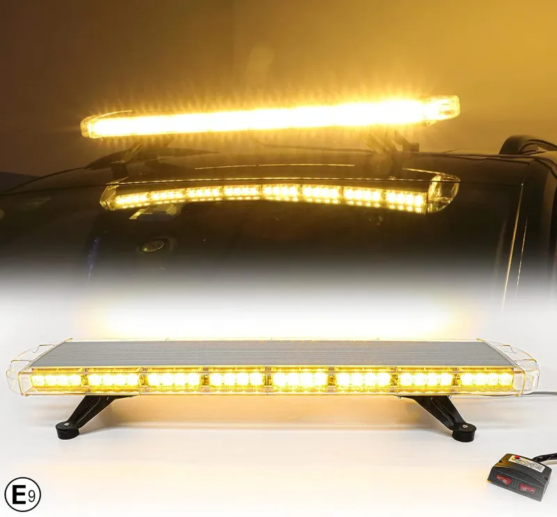 96.5 см 72 LED ЛЕД 72W мощна аварийна диодна сигнална лампа блиц 12-24V 15 режима на работа жълта оранжева светлина E-Mark Е9 за пътна помощ платформа снегорин багер и др. - 0