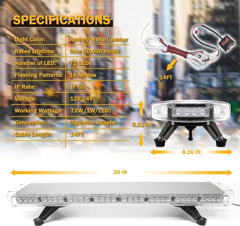 96.5 см 72 LED ЛЕД 72W мощна аварийна диодна сигнална лампа блиц 12-24V 15 режима на работа жълта оранжева светлина E-Mark Е9 за пътна помощ платформа снегорин багер и др. - 9