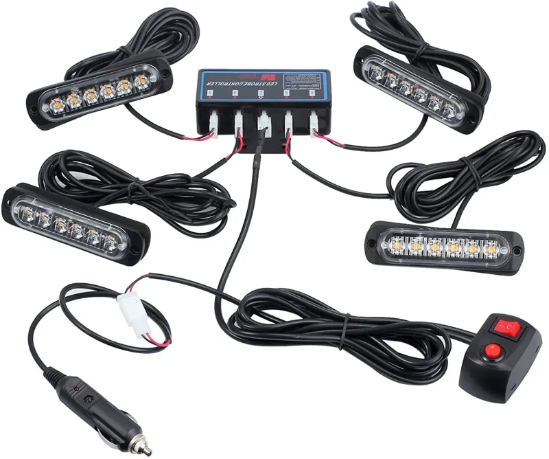 6 Led Аварийна Лампа, Жълта Блиц Светлина, Мигаща, 4 Броя с Контролер, 8 Режима На Работа, 12V - 0