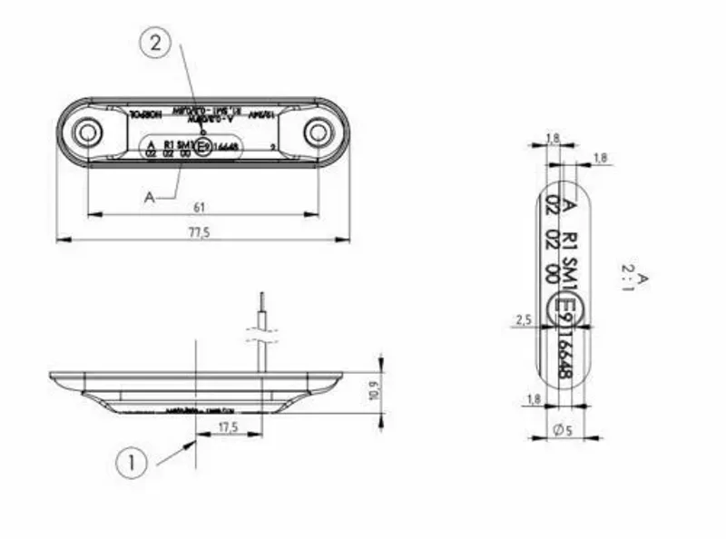 LED Светодиоден Габарит, Маркер, Токос, Червен, Овален, Е-Mark, 4 LED, 12V-24V, 8 см - 1