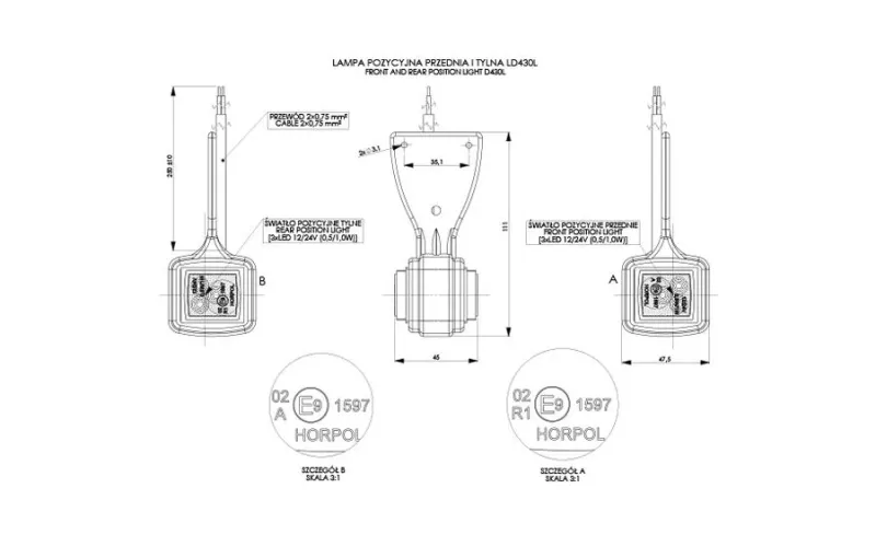 Комплект LED Светодиоден Висящ Страничен Габарит, Ляв и Десен, Бял и Червен цвят, Е-Mark, 12V-24V - 1