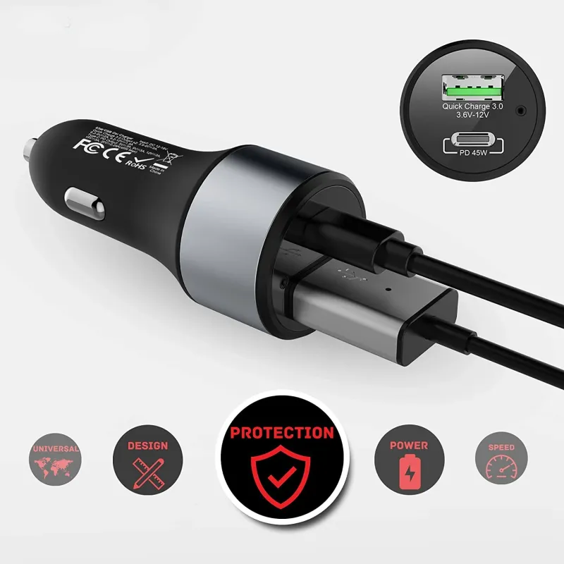 Универсално USB Зарядно до 63W, Метален Корпус, 12V - 24V, USB + Type C, бързо зареждане за Автомобил, бус, джип, камион и др. - 5