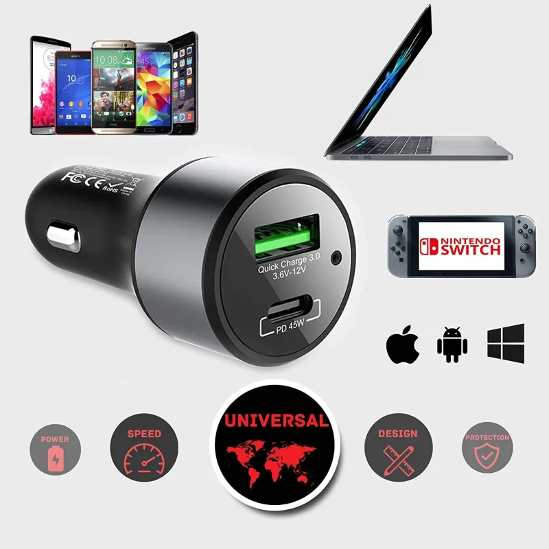 Универсално USB Зарядно до 63W, Метален Корпус, 12V - 24V, USB + Type C, бързо зареждане за Автомобил, бус, джип, камион и др. - 6