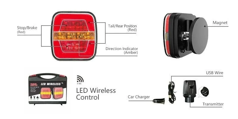 Комплект Безжични Преносими Диодни Лед Led Стопове Wireless с Магнит Неон Neon Ефект 12-24V 108mm х 102mm x 46mm E9 за Ремарке Каравана Платформа и др. - 6