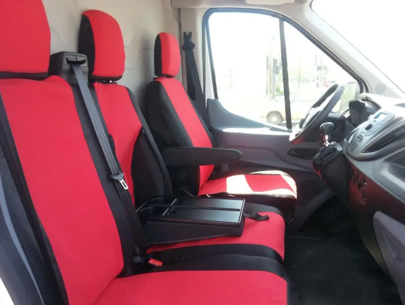 2+1 комплект калъфи / тапицерия - специално ушити за Ford Transit 2013+ - пасват перфектно - с отвор за барчето на двойната седалка - черно и червено - 1